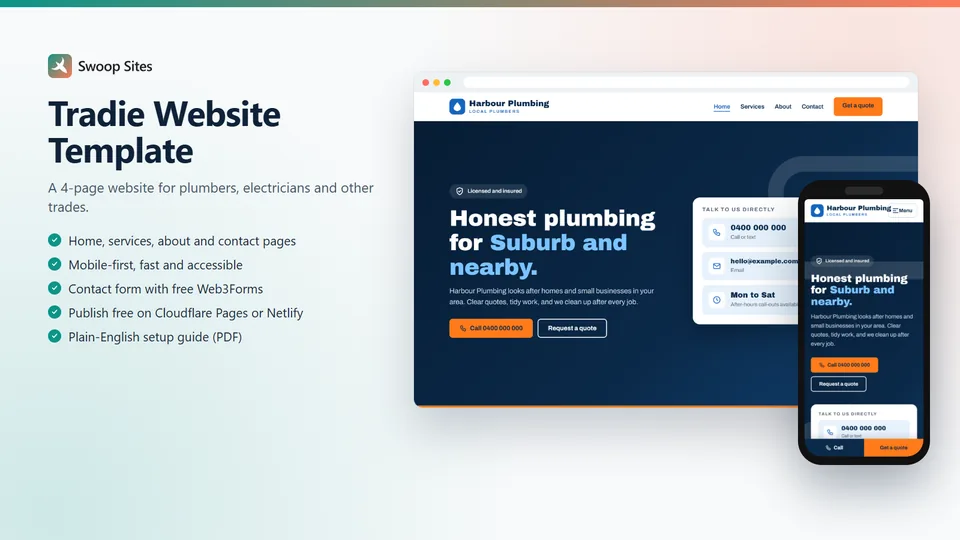 Tradie website template, showing a plumbing business homepage on desktop and phone